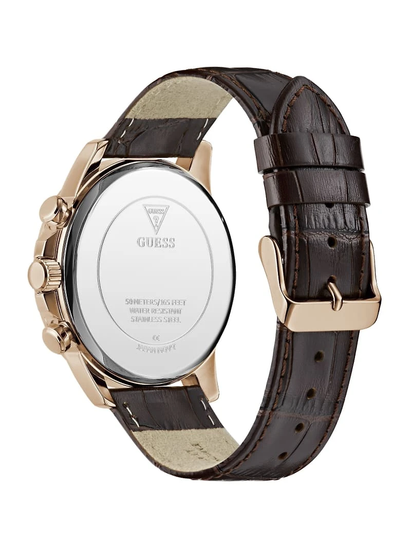 Rose Gold-Tone and Brown Leather Multifunction Watch