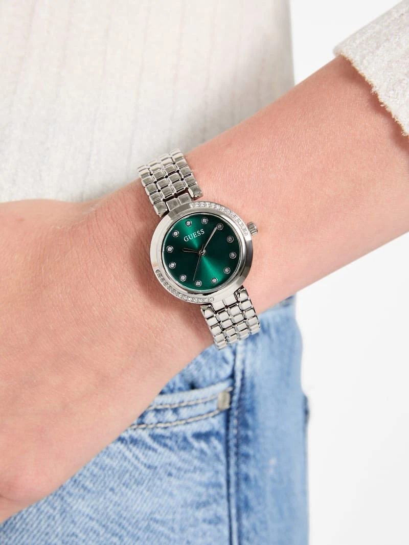 Silver-Tone Green Analog Watch