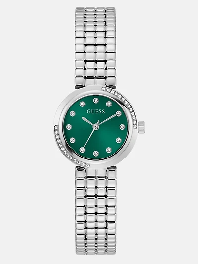 Silver-Tone Green Analog Watch
