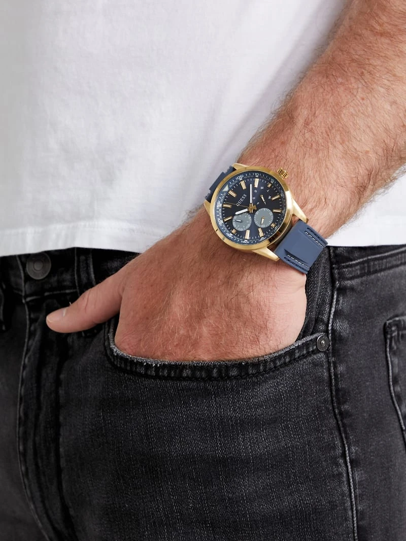 Gold-Tone and Blue Silicone Multifunction Watch