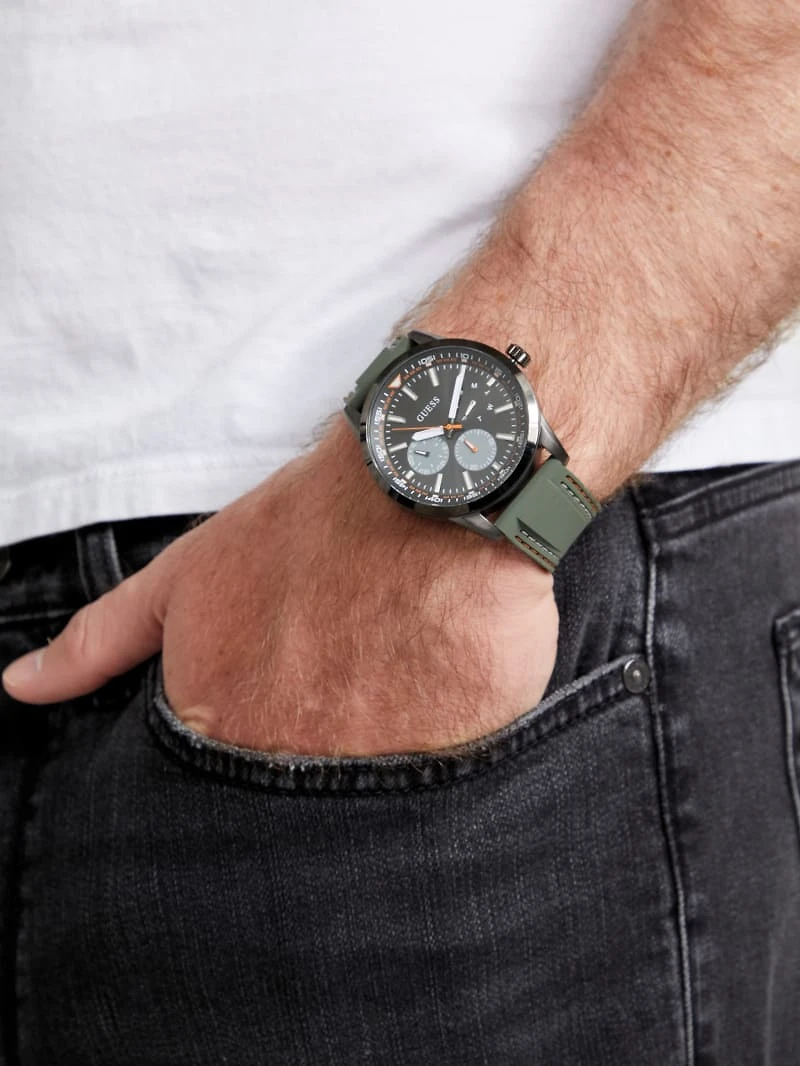 Dark Silver-Tone and Green Silicone Multifunction Watch