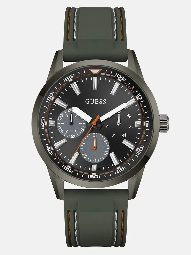 Dark Silver-Tone and Green Silicone Multifunction Watch