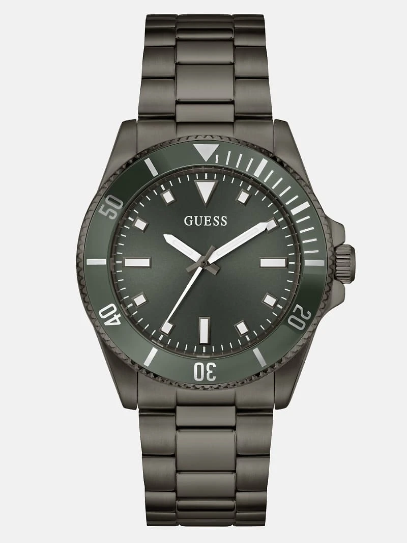 Dark Silver-Tone and Green Analog Watch