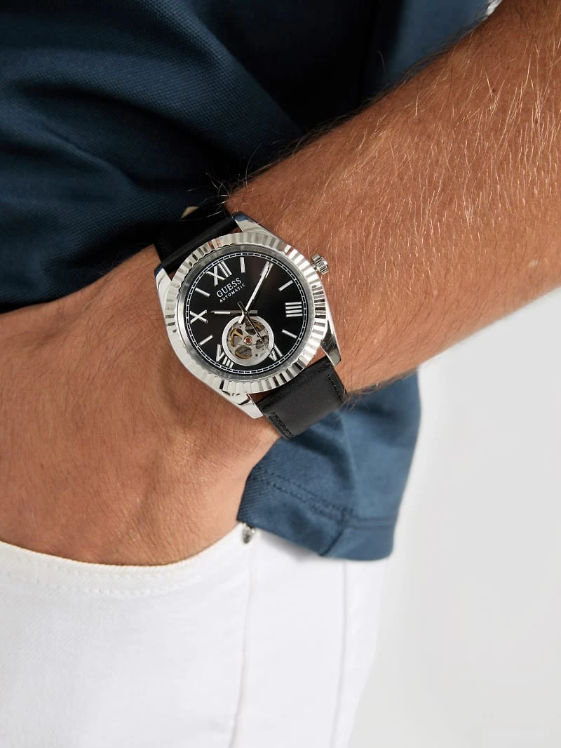 Silver-Tone Analog Leather Watch