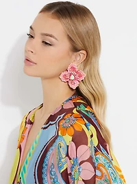 Pink Beaded Hibiscus Stud Earrings