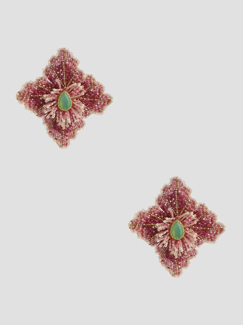 Pink Beaded Hibiscus Stud Earrings