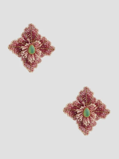 Pink Beaded Hibiscus Stud Earrings