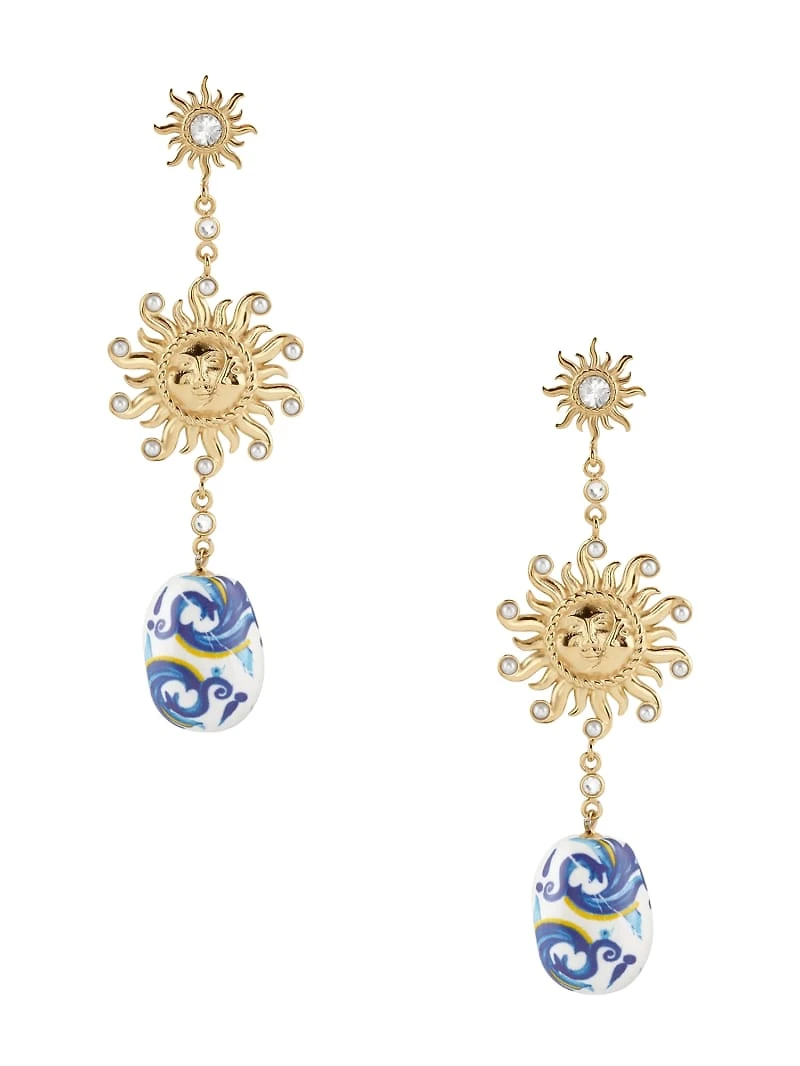 Gold-Tone Sun and Blue Ceramic Drop Earrings