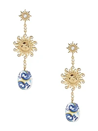 Gold-Tone Sun and Blue Ceramic Drop Earrings