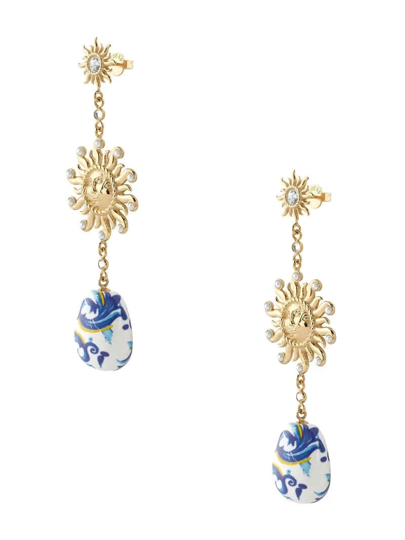 Gold-Tone Sun and Blue Ceramic Drop Earrings