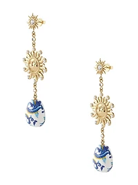 Gold-Tone Sun and Blue Ceramic Drop Earrings