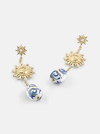 Gold-Tone Sun and Blue Ceramic Drop Earrings