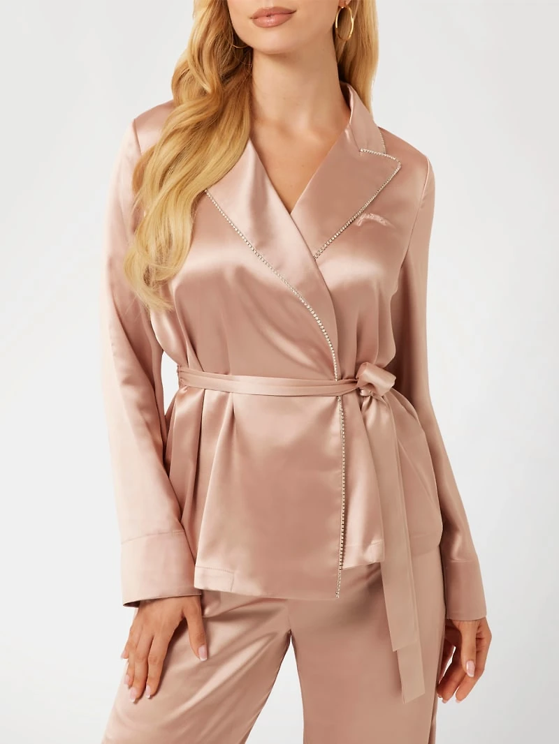 Satin Embellished Wrap Top and Pants PJ Set