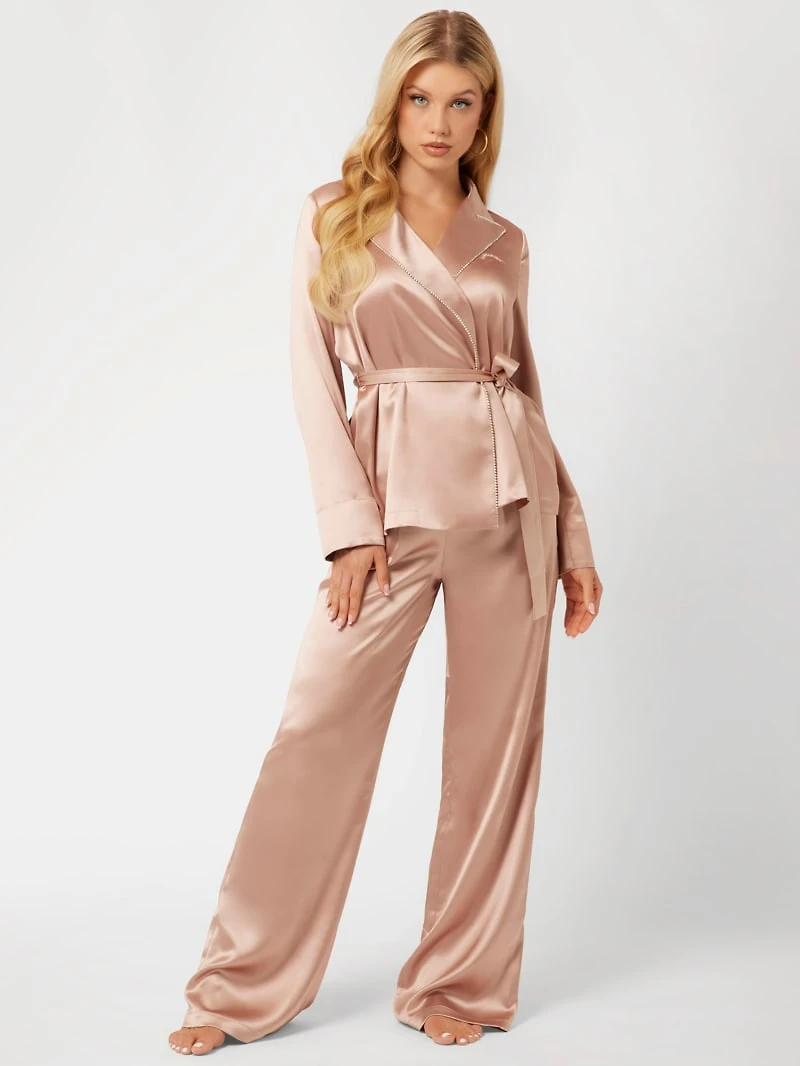 Satin Embellished Wrap Top and Pants PJ Set