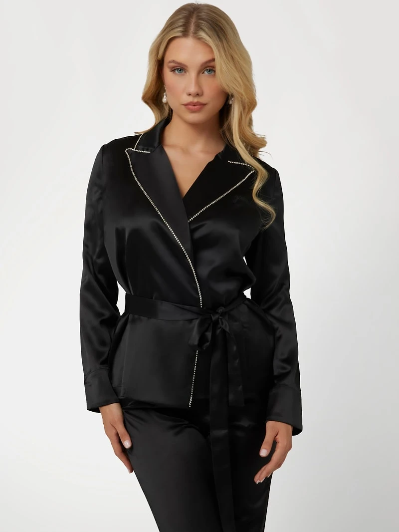 Satin Embellished Wrap Top and Pants PJ Set