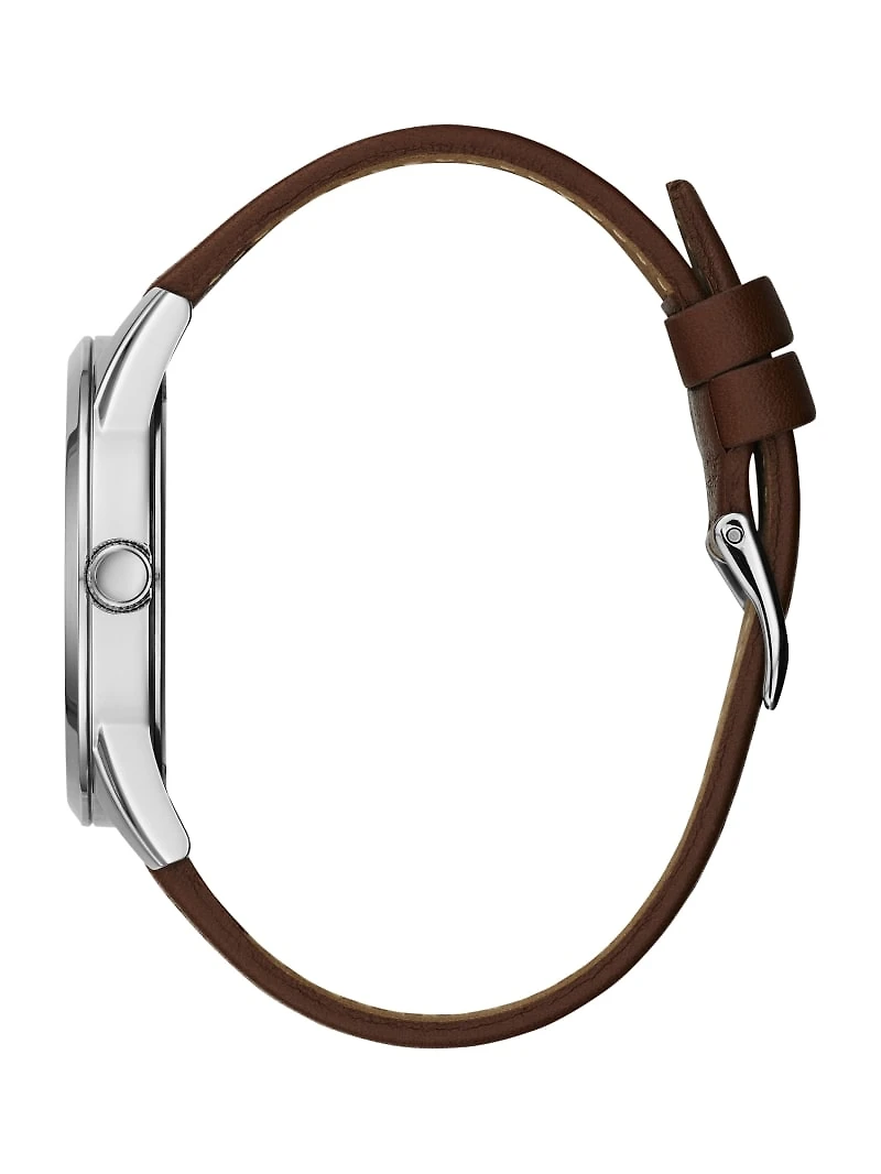 Silver-Tone Leather Analog Watch