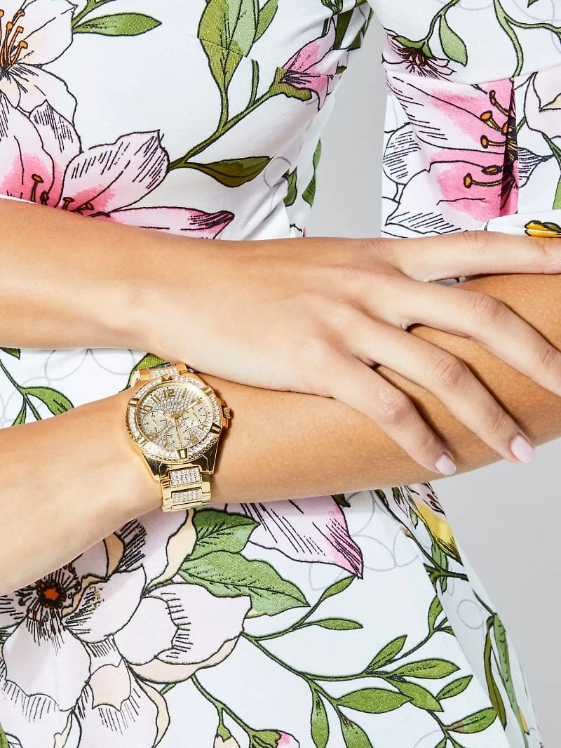 Rhinestone Gold-Tone Multifunction Watch