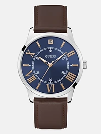 Silver-Tone and Brown Leather Analog Watch