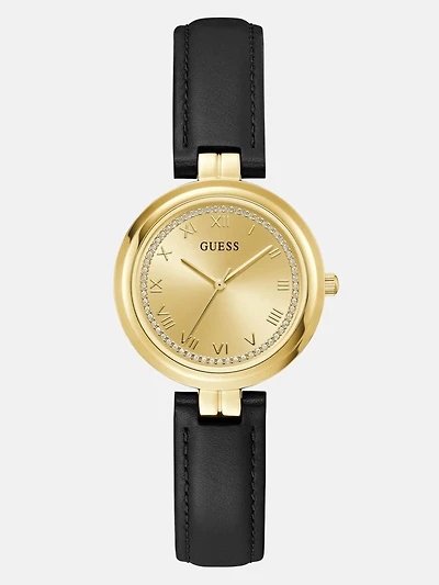 Gold-Tone Crystal and Brown Leather Analog Watch