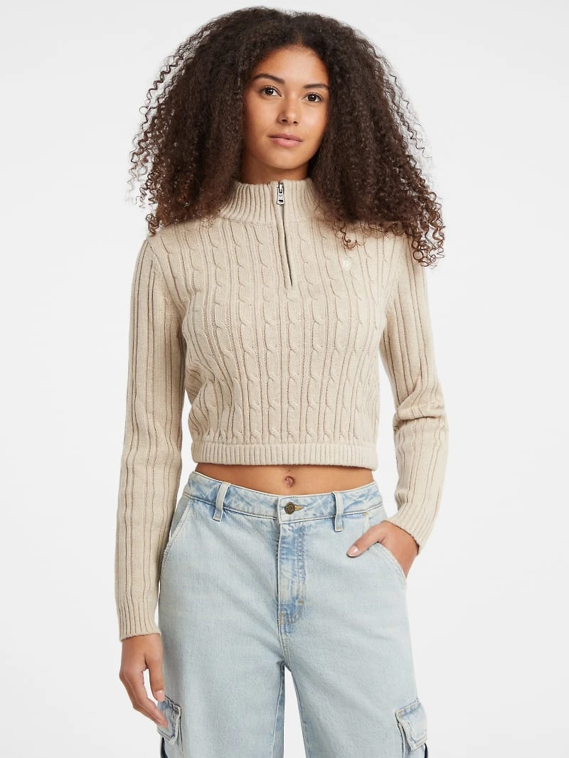Half-Zip Cable-Knit Crop Sweater