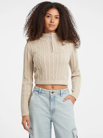 Half-Zip Cable-Knit Crop Sweater