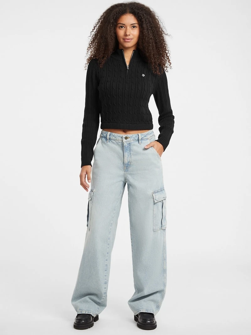 Half-Zip Cable-Knit Crop Sweater