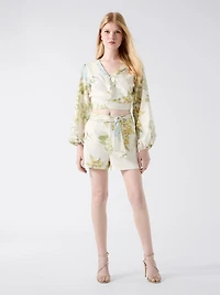 Linen-blend printed shorts