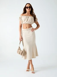 Linen-blend midi skirt
