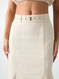 Linen-blend midi skirt