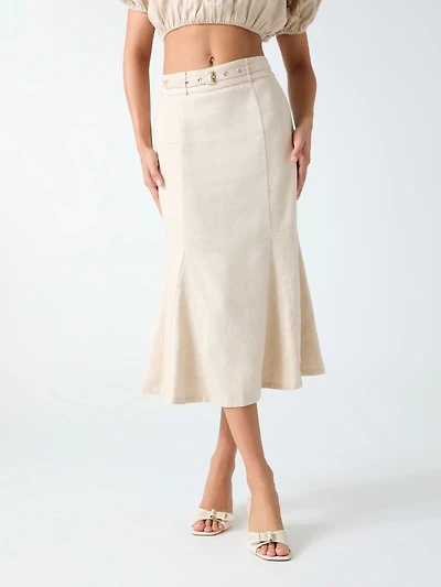 Linen-blend midi skirt