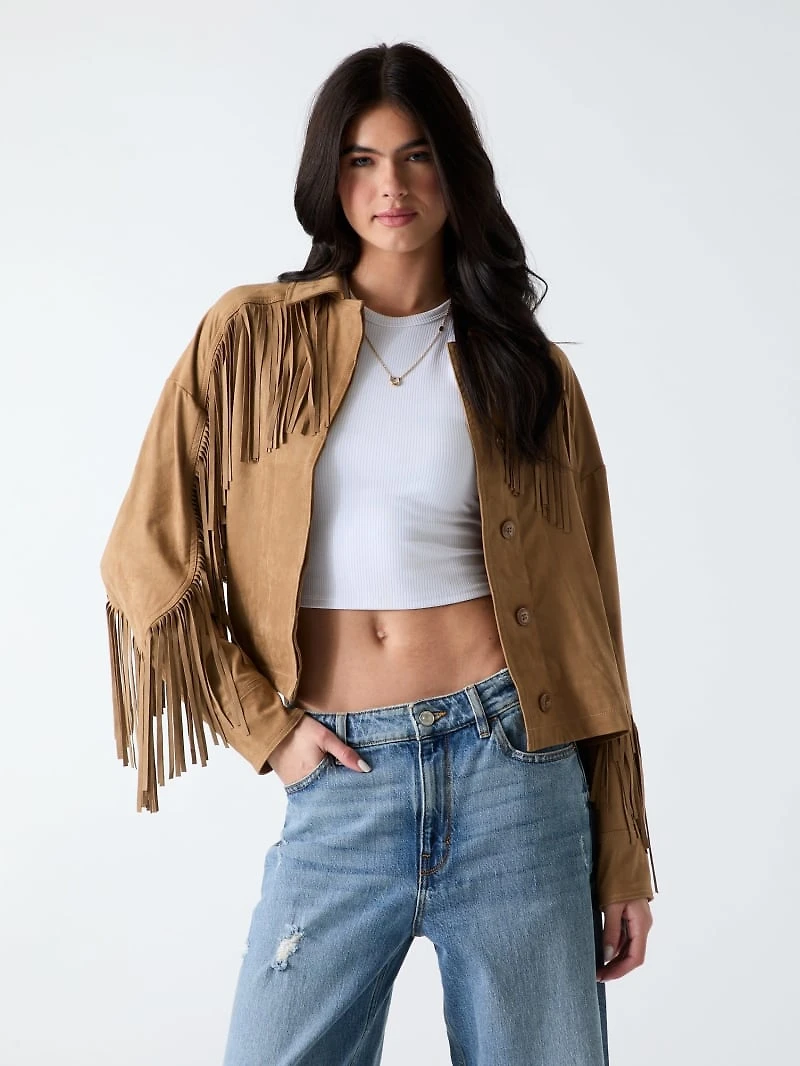 Faux-Suede Fringe Cropped Jacket