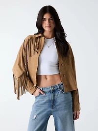 Faux-Suede Fringe Cropped Jacket