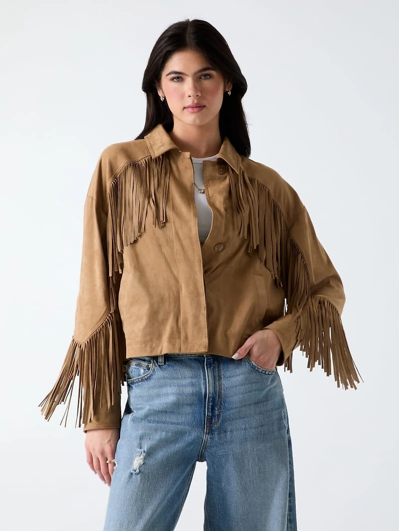 Faux-Suede Fringe Cropped Jacket