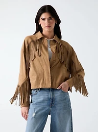 Faux-Suede Fringe Cropped Jacket