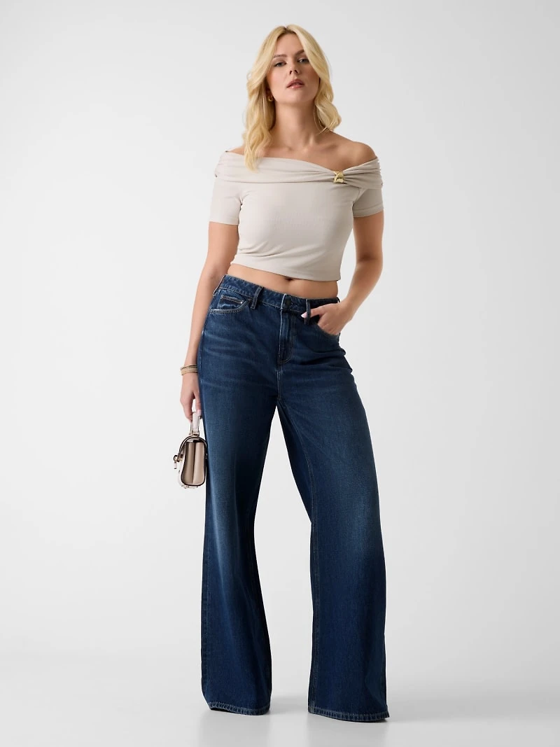 Off-shoulder draped knit top