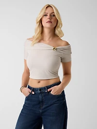 Off-shoulder draped knit top