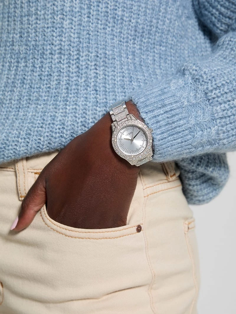 Silver-Tone and Blue Analog Watch