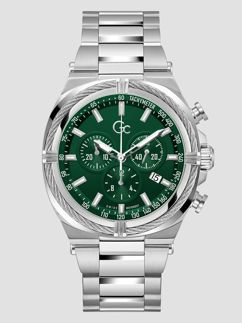 Gc Silver-Tone and Green Chronograph Watch