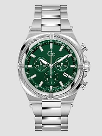 Gc Silver-Tone and Green Chronograph Watch