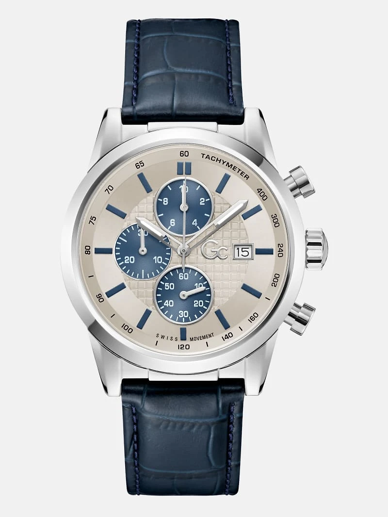 Silver-Tone Multifunction Leather Watch