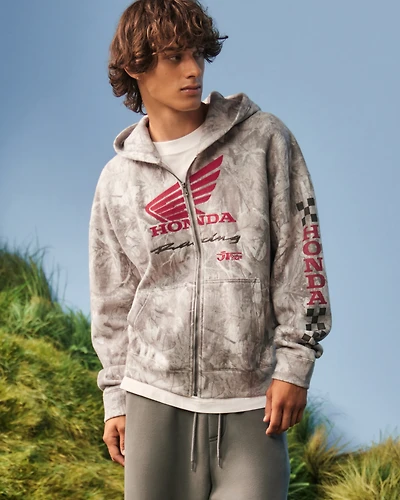 Boxy Honda Racing Graphic Zip-Up Hoodie