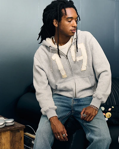 Waffle-Lined Number Graphic Zip-Up Hoodie