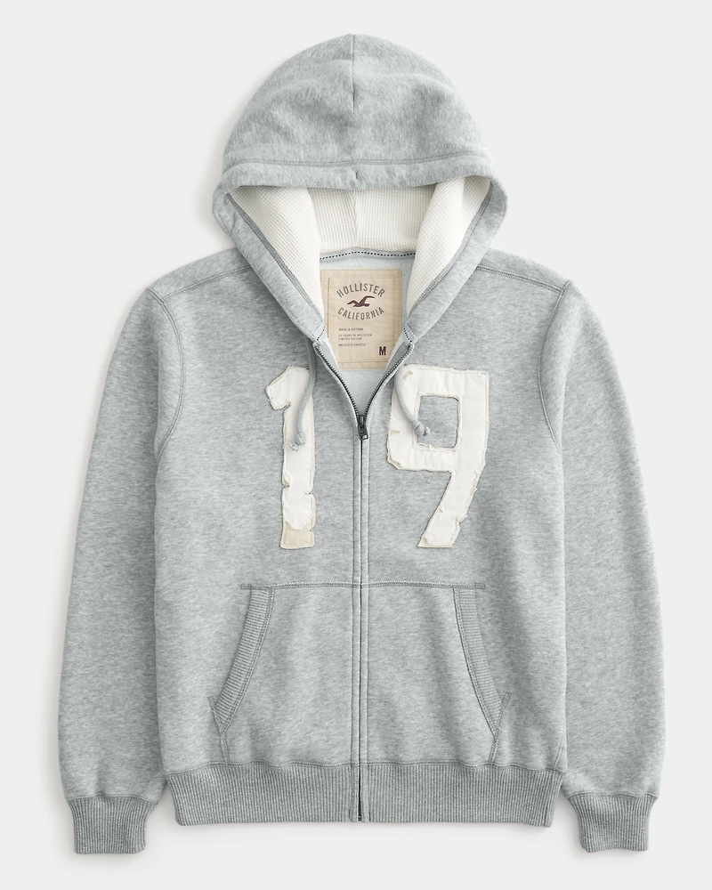 Waffle-Lined Number Graphic Zip-Up Hoodie