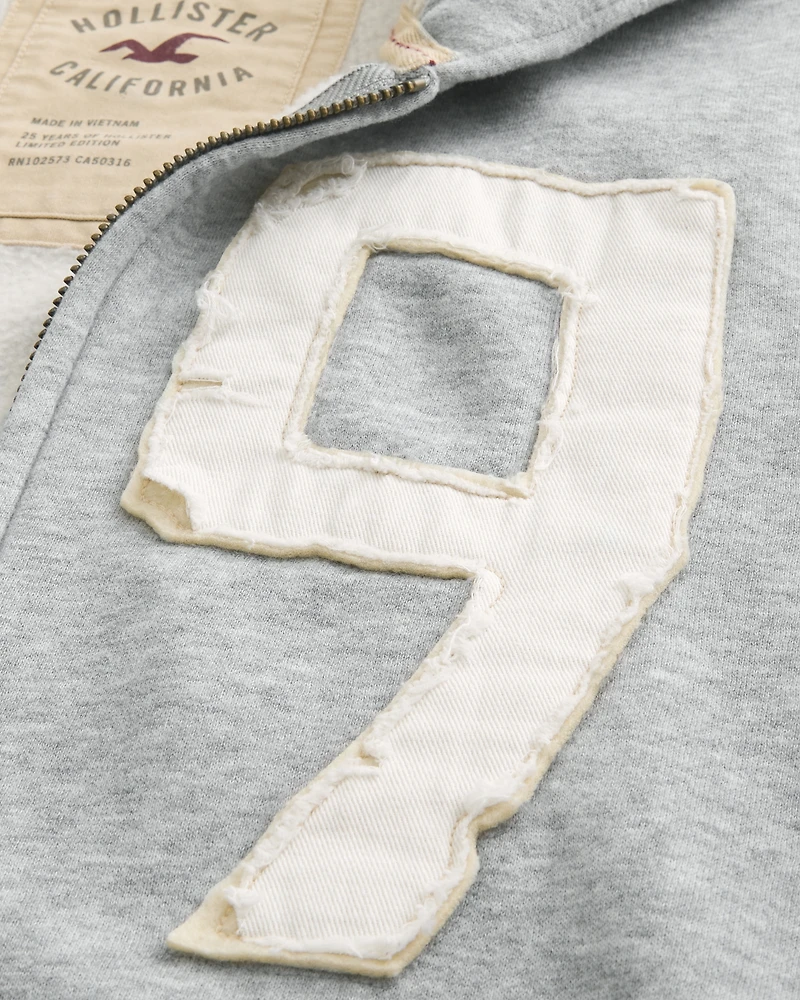 Waffle-Lined Number Graphic Zip-Up Hoodie