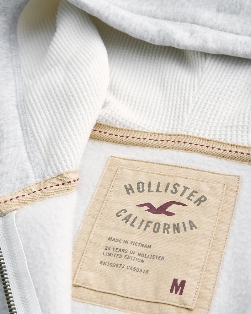 Waffle-Lined Logo Graphic Zip-Up Hoodie