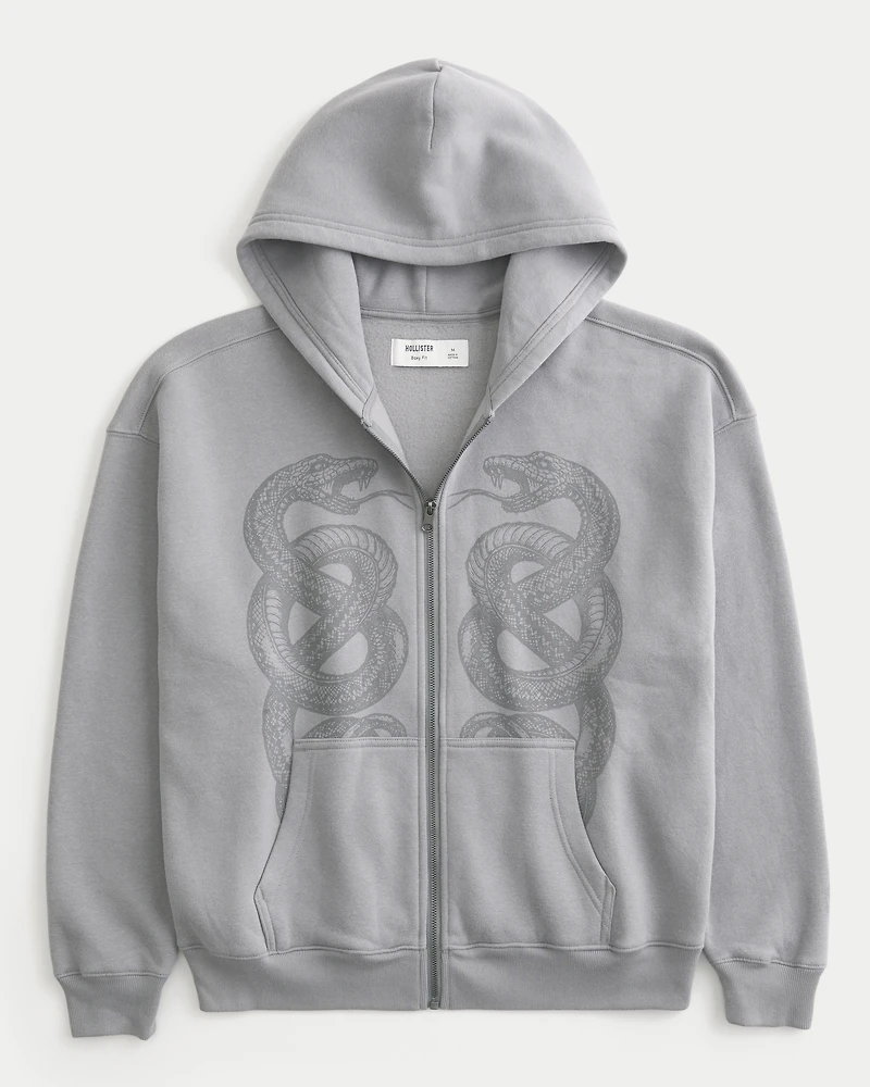 Boxy Zip-Up Double Snake Graphic Hoodie