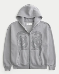 Boxy Zip-Up Double Snake Graphic Hoodie