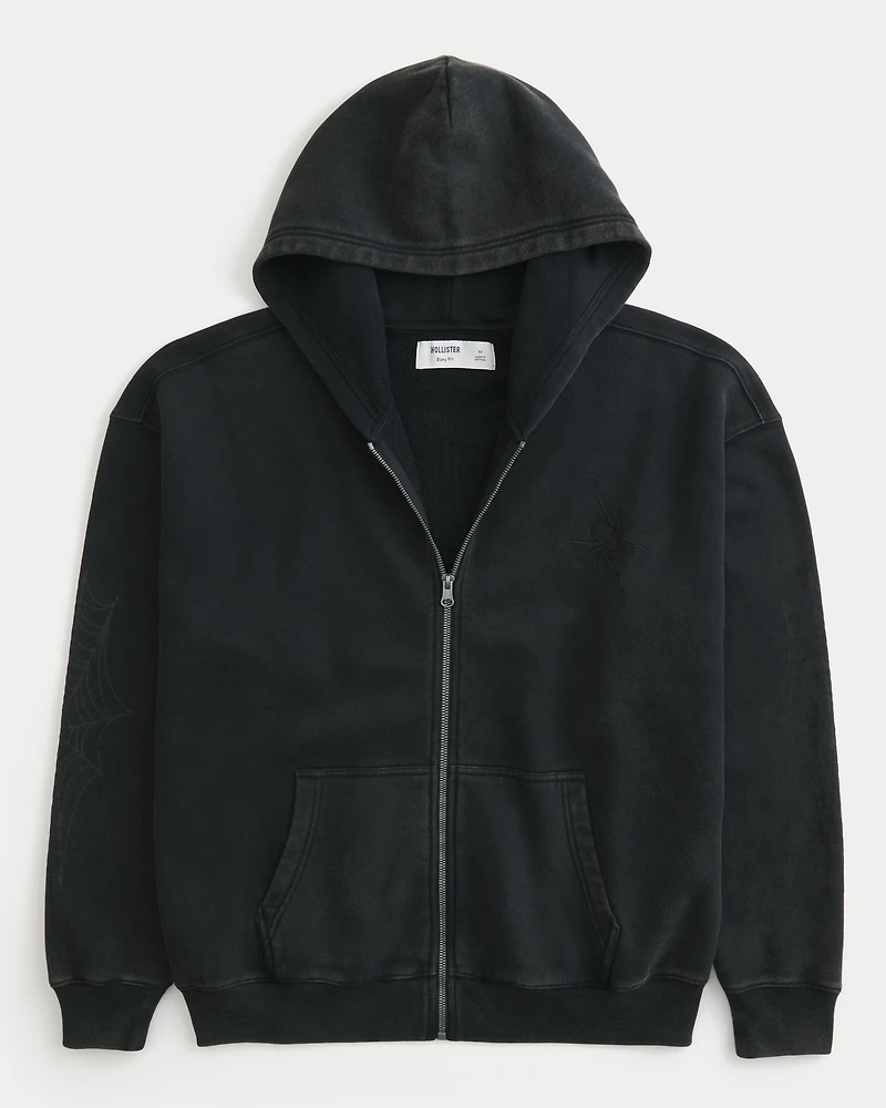Boxy Zip-Up Spider Graphic Hoodie
