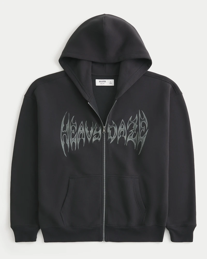 Boxy Heavy Daze Graphic Zip-Up Hoodie