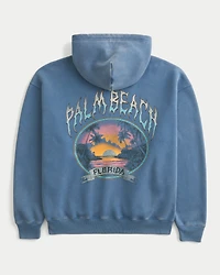 Boxy Palm Beach Graphic Zip-Up Hoodie